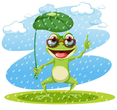 Green Frog Cartoon Character Holding Leaf Umbrella