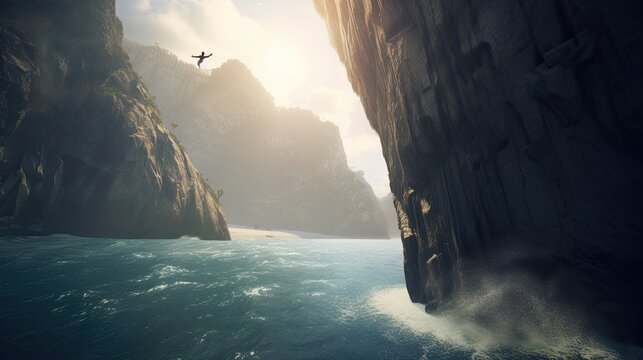 Cliff diver photo realistic illustration - Generative AI.