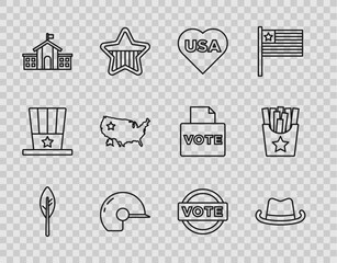 Set line Indian feather, Western cowboy hat, USA Independence day, Baseball helmet, United States Capitol Congress, map, Vote and Potatoes french fries in box icon. Vector