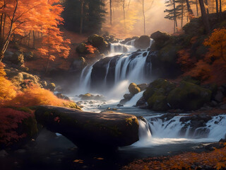 Waterfall in autumn forest at sunset,colorful nature background. AI Generated