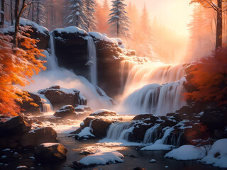 Frozen waterfall in winter forest at sunset beautiful winter landscape. AI Generated.