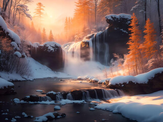 Frozen waterfall in winter forest at sunset beautiful winter landscape. AI Generated.