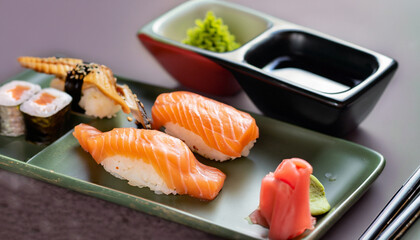 close up of sashimi sushi set with chopsticks and soy