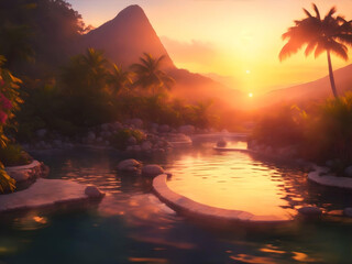 Hot spring over the mountain and foggy sunrise.  AI Generated.