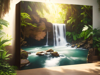 abstract wall decorating with waterfall in the jungle background. AI Generated