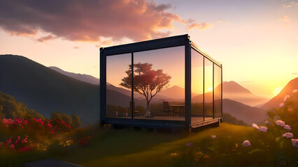modern house on the top of the mountain at sunset. AI Generated.