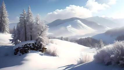 Beautiful winter landscape in the forest at sunset. AI Generated.