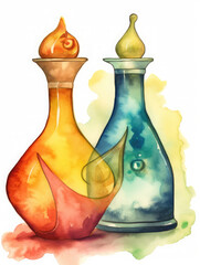 Watercolor stylized illustration of colorful magical potions for witchcraft.