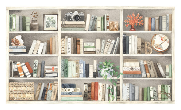 Shelves with books and decoration elements, imaginary illustration hand-drawn watercolor. Cabinet with books, globe, camera, nautical symbols and houseplant. Traveler's Library.