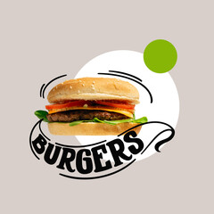 Burger with hand drawn lettering. Art collage.