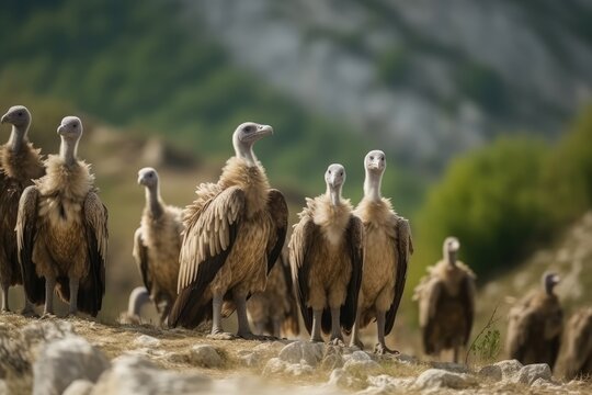 Griffon Vulture Gyps fulvus flock of large birds of prey