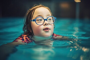 girl with down's syndrome swimming. AI generative - 625074054