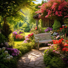 Obraz premium Illustration of a wooden bench in the middle of a beautiful flower garden. There is a walkway connecting the benches.