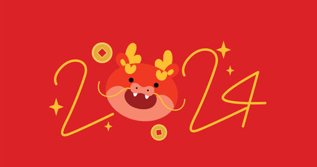 2024 chinese new year dragon head vector. Cute chinese zodiac dragon head with smiley face greeting card with lucky coins on background. Wishing a happy lunar new year 2024 in Asia. - obrazy, fototapety, plakaty