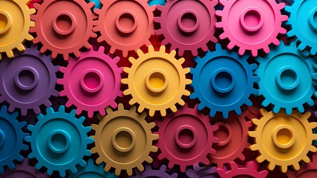 Concept of diverse teamwork. System of colorful sync gears, the harmonious and efficient interplay of different skills, experiences, and perspectives within a diverse and inclusive team. Generative AI