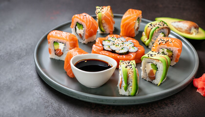 A set of fresh sushi rolls with salmon, avocado and black sesame seeds served on a plate with chopsticks. Japanese sushi uramaki or California roll