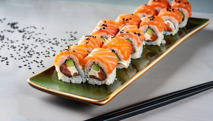 A set of fresh sushi rolls with salmon, avocado and black sesame seeds served on a plate with chopsticks. Japanese sushi uramaki or California roll