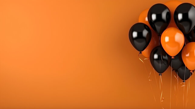 Orange and black helium balloons on an orange background. Generative ai.