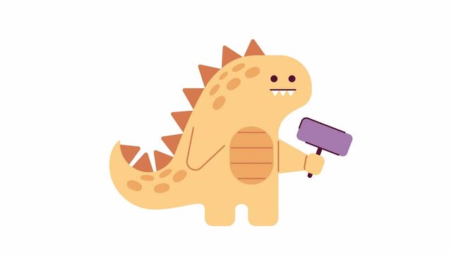 Cute dino holding blank signboard 2D character animation. Kindergarten, preschool flat cartoon 4K video, transparent alpha channel. Cute dinosaur with blank placard animated animal on white background