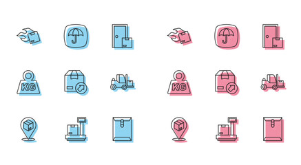 Set line Location with cardboard box, Scale, Carton, Envelope, Forklift truck, Weight and Delivery package umbrella icon. Vector