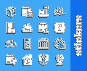 Set line Location with cardboard box, Worldwide shipping, Fragile broken glass, Scale, Conveyor belt, Home delivery services, Carton and Delivery security shield icon. Vector