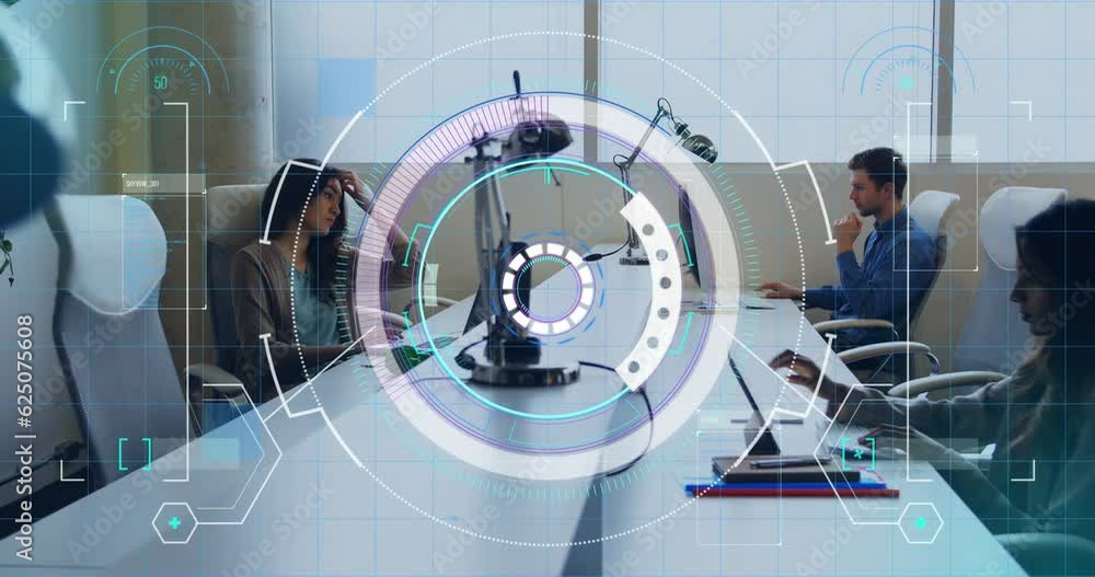 Aufkleber animation of scope scanning and data processing over diverse business people in office