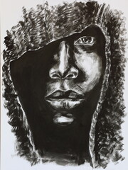 Black and white drawing of a man in a hood