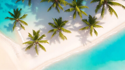 top view of summer beach tropical island with palm trees. AI Generated.
