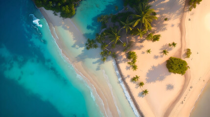 Fototapeta na wymiar top view of summer beach tropical island with palm trees. AI Generated.