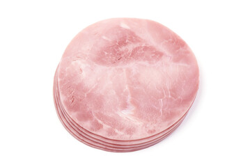 Sliced boiled ham, isolated on white background. - obrazy, fototapety, plakaty