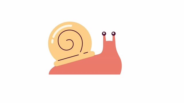 Slow snail crawling 2D character animation. Schnecke flat cartoon 4K video, transparent alpha channel. Invertebrate creature with spiral shell. Cute snail race animated animal on white background