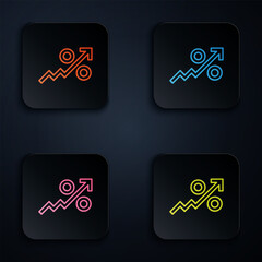 Color neon line Percent up arrow icon isolated on black background. Increasing percentage sign. Set icons in square buttons. Vector