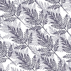 Seamless pattern with grass plant leaves on white background. Dark and light gray silhouettes of leaves. Natural design for fabric, wrapping paper, cover.