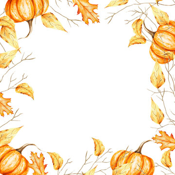 Watercolor autumn frame with tree branch golden foliage and pumpkins. Hand painting sketch isolated on white background. For designers, decoration, shop, for postcards, wrapping paper, covers. Fo