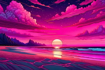 Gordijnen A deep pink sunset view of the sea. Generatine A. © - Yeon