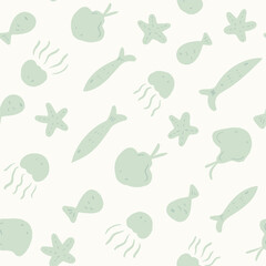 underwater creatures forming sea life seamless vector pattern in a palette of mint blue and off white. Great for home decor, fabric, wallpaper, gift wrap, stationery.