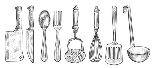 Set of kitchen tools. Cooking concept. Sketch vintage illustration for restaurant or diner menu