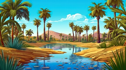 Abstract background oasis of palm. Captivating banner featuring an illustration of a picturesque oasis of palms amidst wild nature. Generative AI.