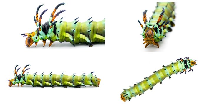 hickory horned devil - Citheronia regalis - larva caterpillar form of regal or royal walnut moth with bright green, orange, red blue and black colors. Isolated on white background four views