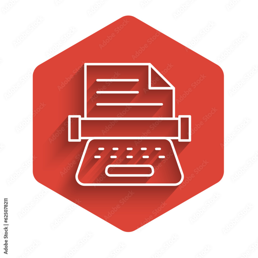 Poster white line retro typewriter and paper sheet icon isolated with long shadow background. red hexagon b