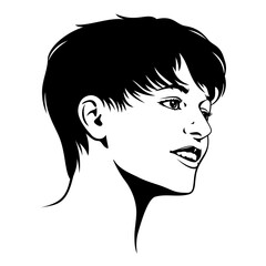 Woman Face Silhouette. Black and white stencil portrait of girl with short hairstyle. Vector clipart isolated on white.