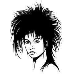 Woman Face Silhouette. Black and white stencil portrait of young girl with wild hairstyle. Vector clipart isolated on white.