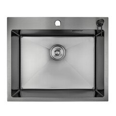 Kitchen sink, made of titanium-colored stainless steel, with an embossed anti-slip texture, clean, dry, new, equipped with a detergent dispenser. Top view. Isolated on white. - 625078689