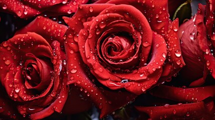 Red Roses flowers with water drops background. Closeup of blossom with glistening droplets. Generative AI