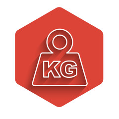 White line Weight icon isolated with long shadow background. Kilogram weight block for weight lifting and scale. Mass symbol. Red hexagon button. Vector