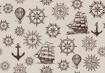 Vintage sailing yachts, anchor, wind rose, ship steering wheel, vector.