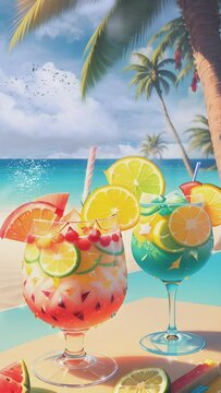 fresh tropical fruit juice by the beach on summer vacation. Cartoon or anime watercolor painting illustration style. seamless looping time-lapse virtual vertical video animation background.