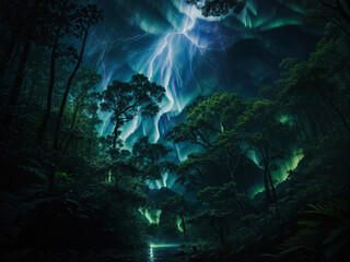 Fototapeta na wymiar A lush jungle surrounded by a thunder storm - AI Generative