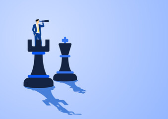 Success strategy, plan ahead to win business competition, leadership vision or looking for opportunity, competitor analysis concept, businessman leader open chess king with binocular to look ahead.