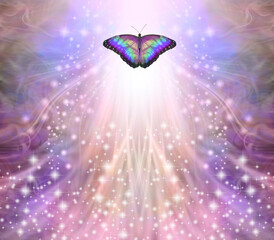 Spiritual Butterfly Holistic message memo background - multicoloured  butterfly against a wispy magenta peach blue sparkling background flying up into the light and copy space for text
- 625079819